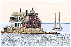 Sailing by Rockland Breakwater Light - Digital Painting